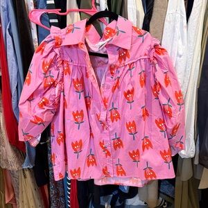 Karlie Pink Button-Front Floral Puff Sleeve Top